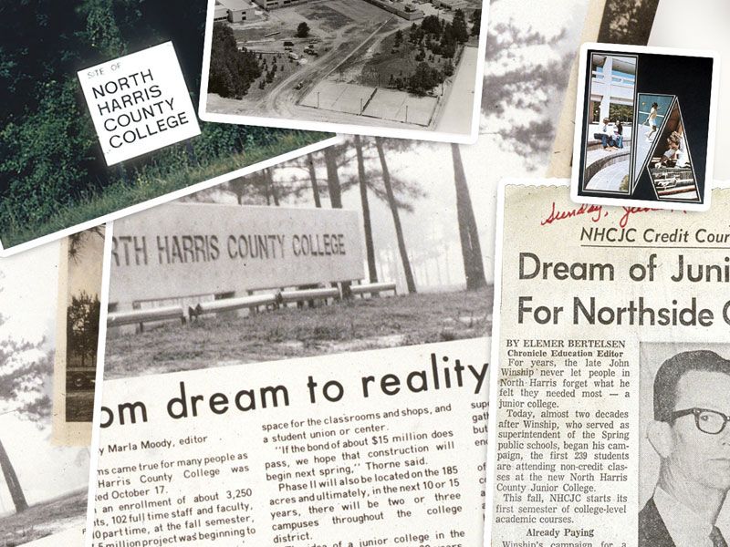 Collage of old photos and newspaper clippings.